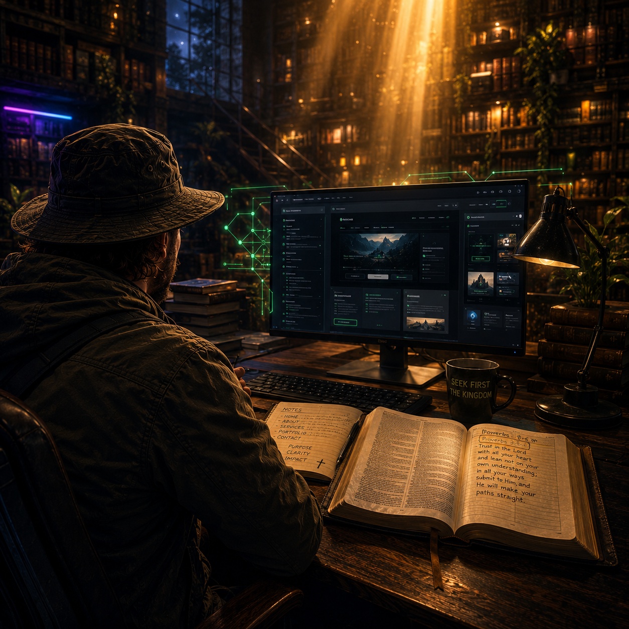 Tyler studying in a library computer lab, seeking God first before building.